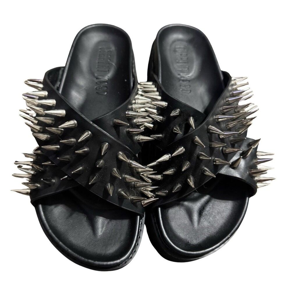 Black & Silver Current Mood Alt Emo Goth Punk Grunge Spiked Slide Sandals 11